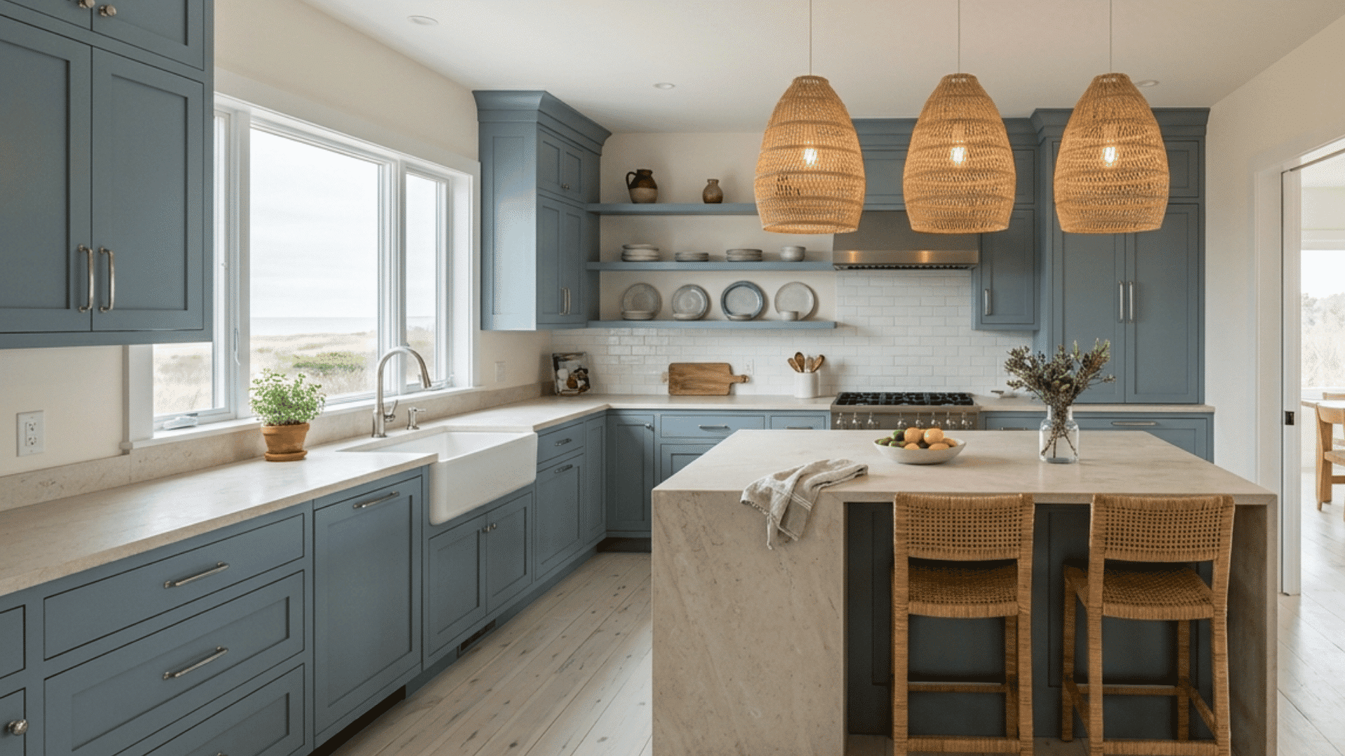 Muted blue cabinets with woven lights in a bright coastal kitchen.