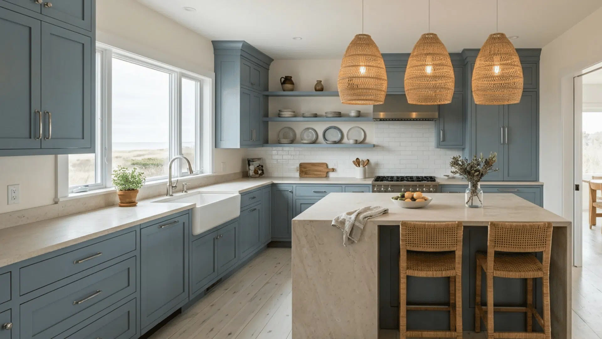 Muted blue cabinets with woven lights in a bright coastal kitchen.