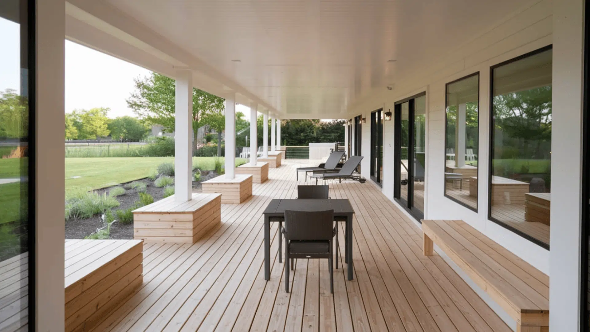 long narrow wooden deck with built-in benches creates functional outdoor space beside the home.