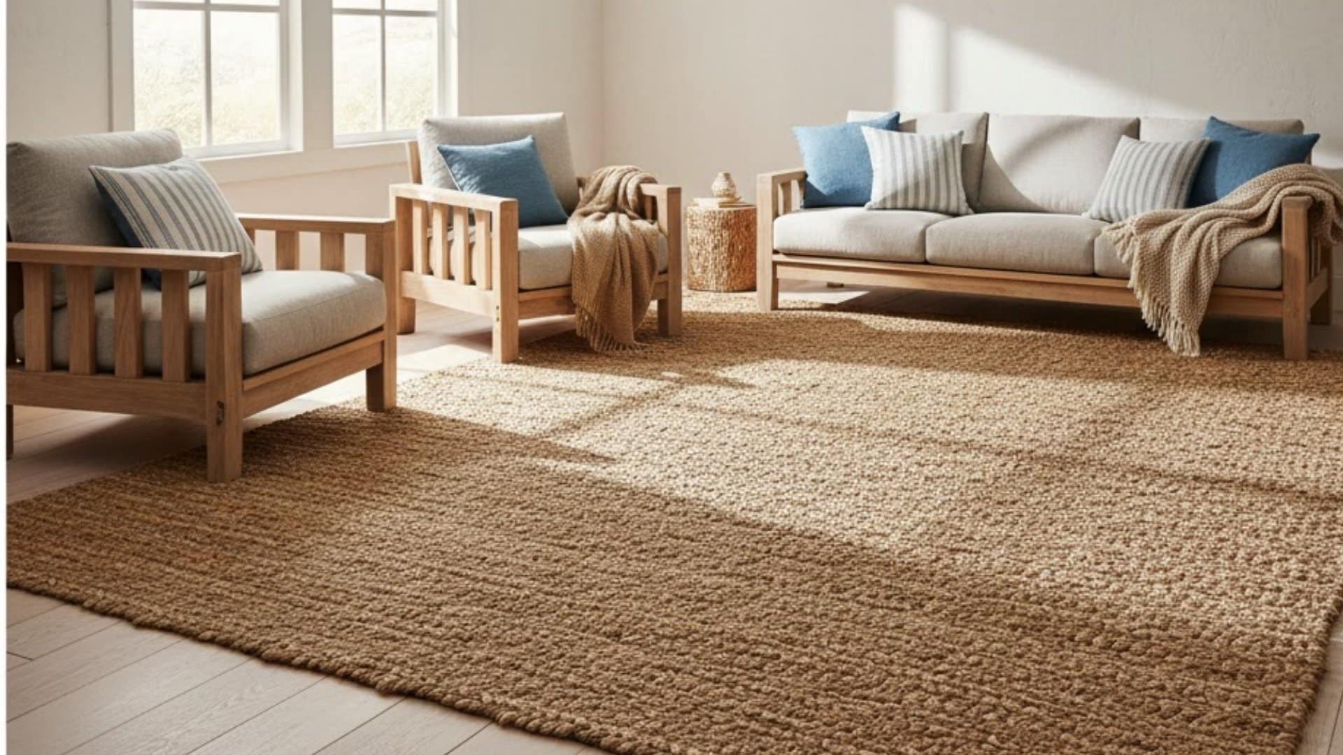blue and white striped area rug beneath wicker seating and a wooden table