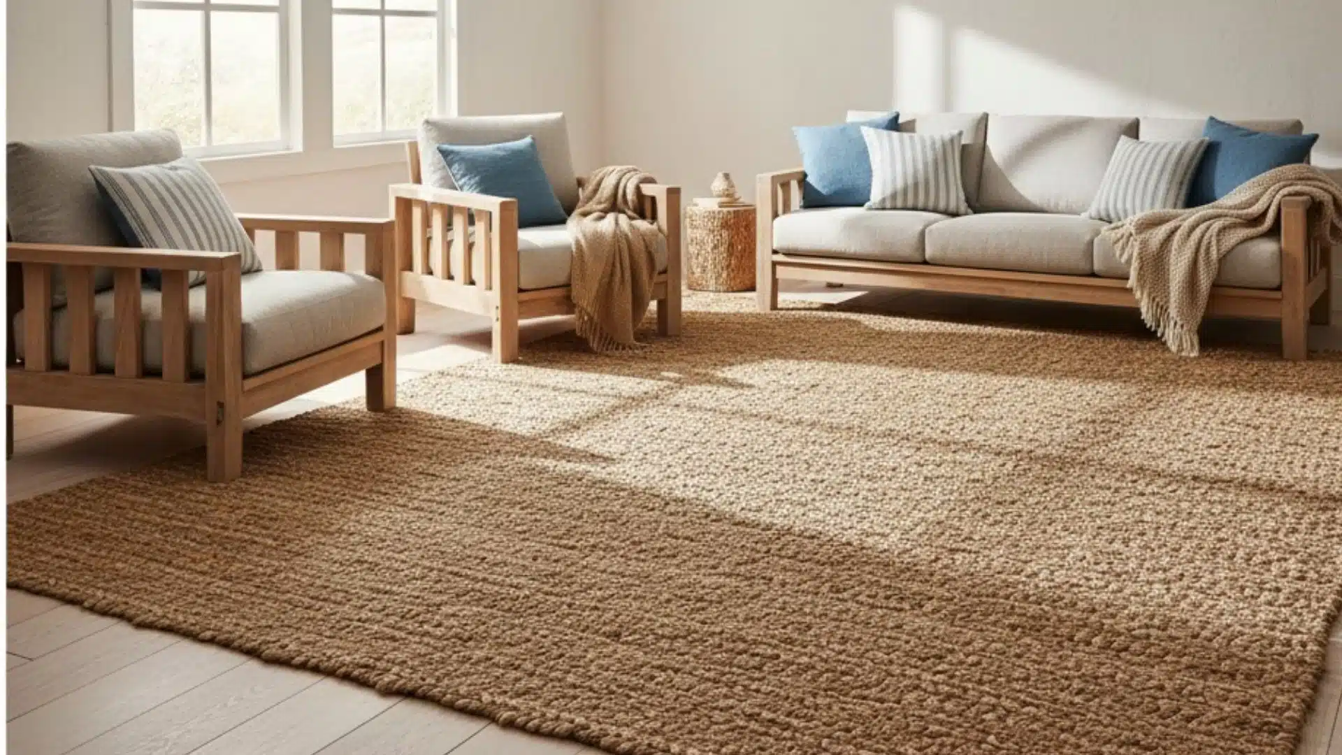 blue and white striped area rug beneath wicker seating and a wooden table