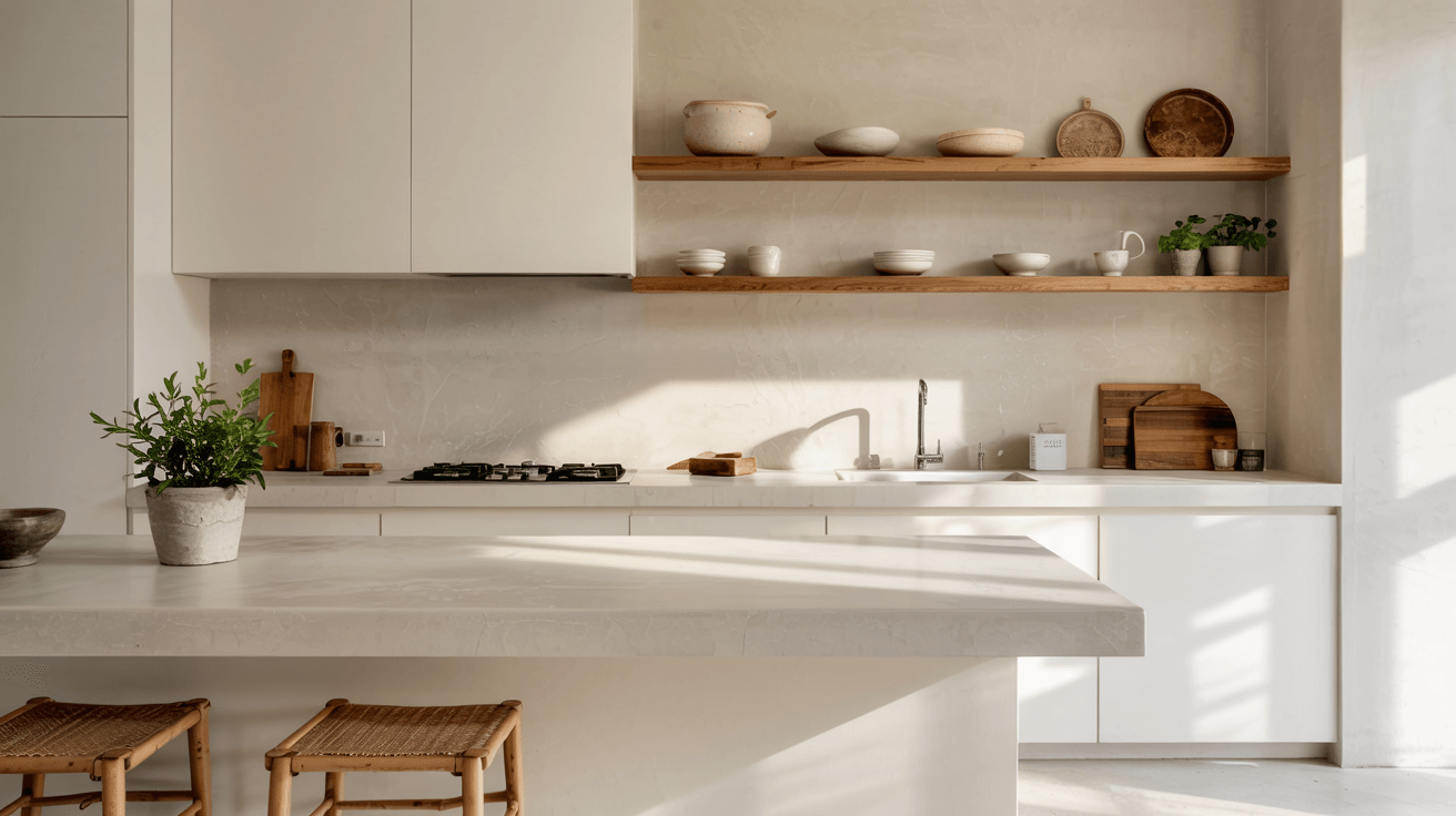 warm minimalist kitchen with pale wood stools, open shelving, pottery, and natural material accents