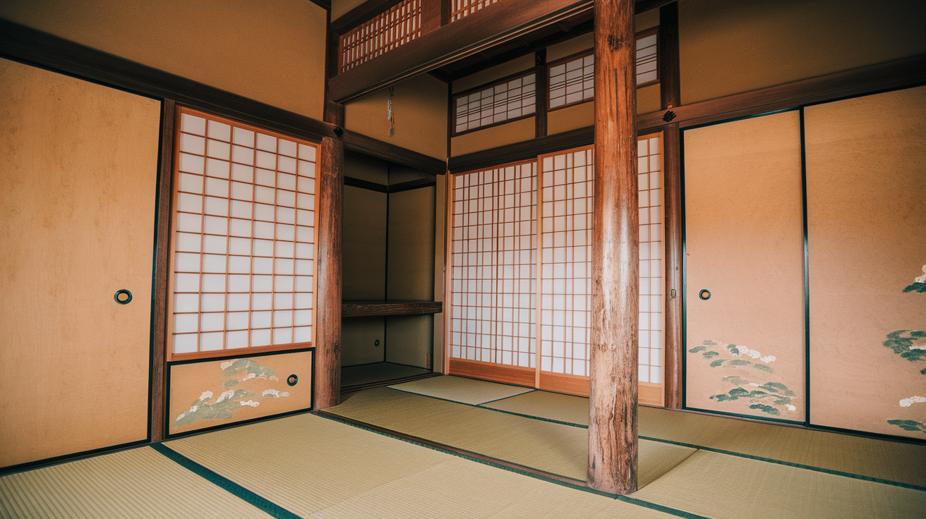 traditional Japanese room with wood beams, tatami mats, and shoji screens made from natural materials.