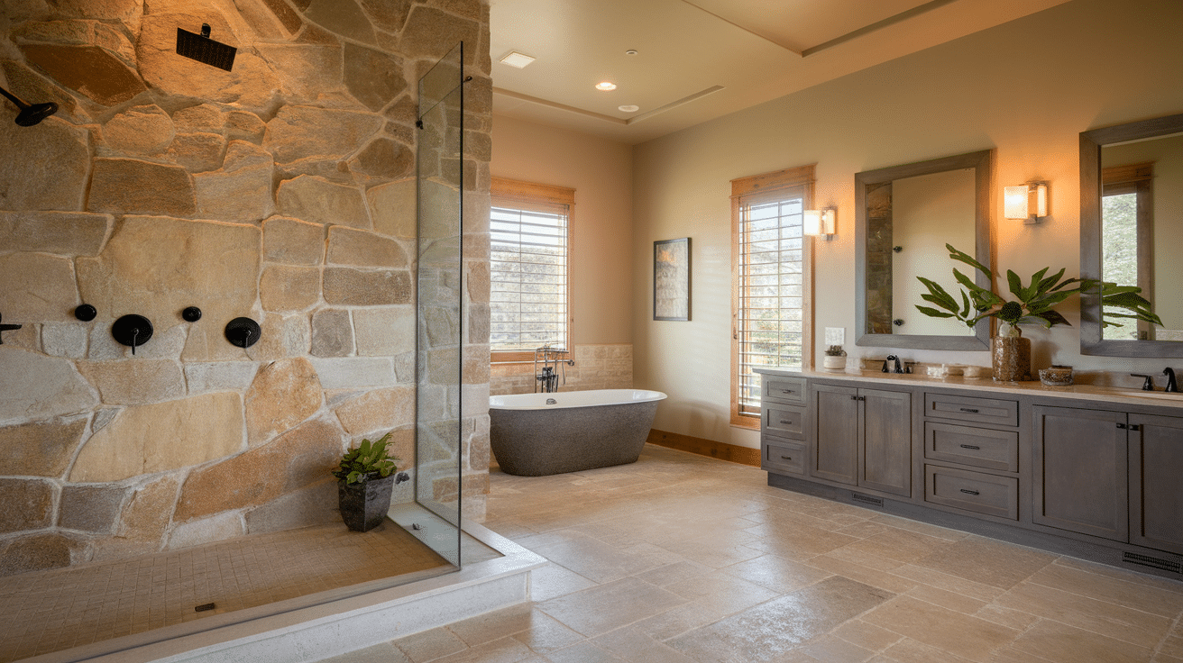 bathroom with a natural stone shower wall, bathtub, and long wooden vanity