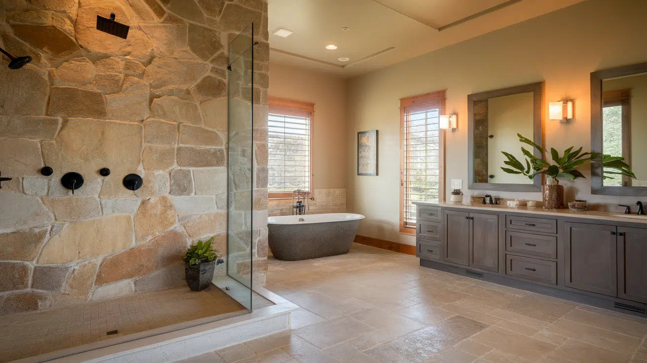 bathroom with a natural stone shower wall, bathtub, and long wooden vanity