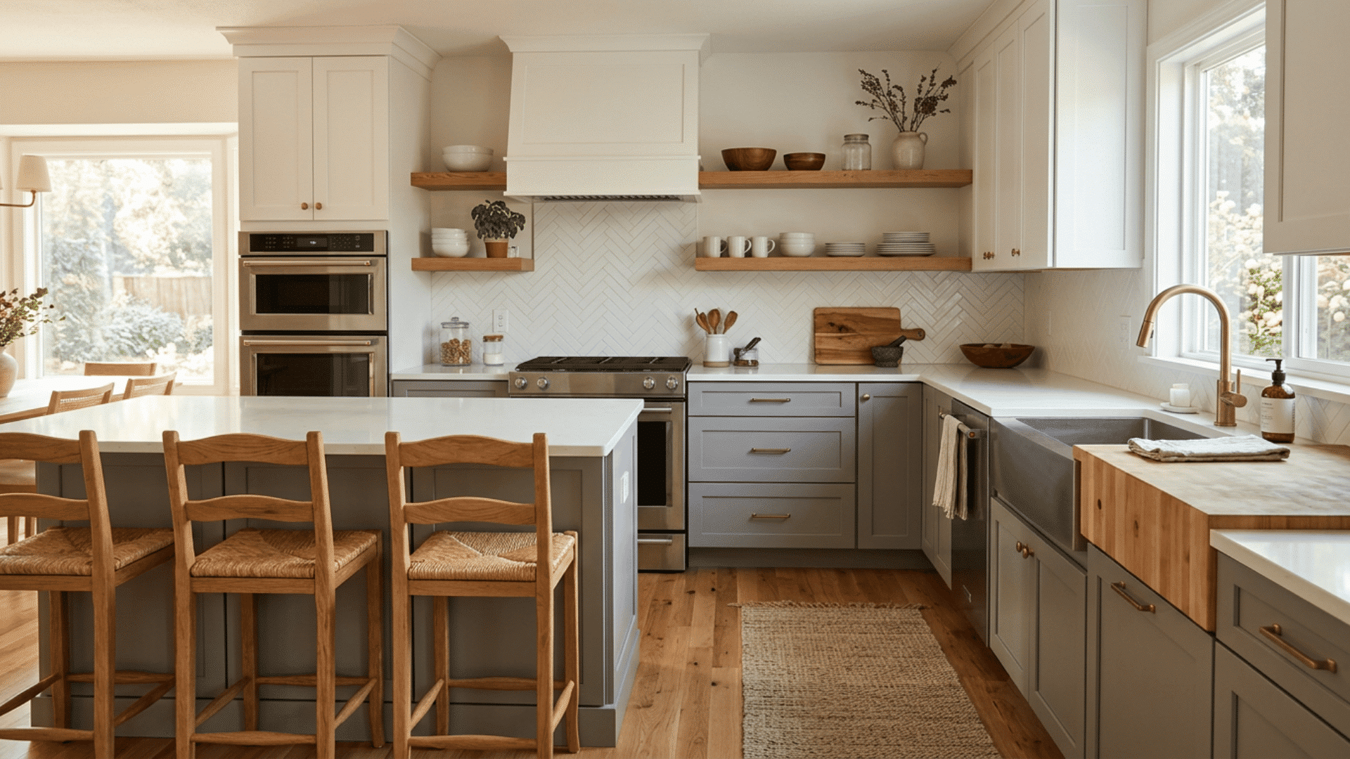 Warm kitchen with gray cabinets, white uppers, wood shelves, stools, and butcher-block accents.