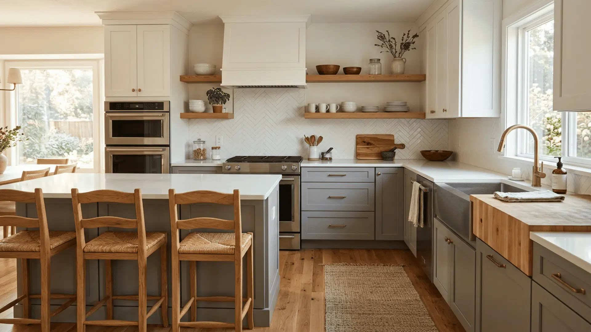 Warm kitchen with gray cabinets, white uppers, wood shelves, stools, and butcher-block accents.