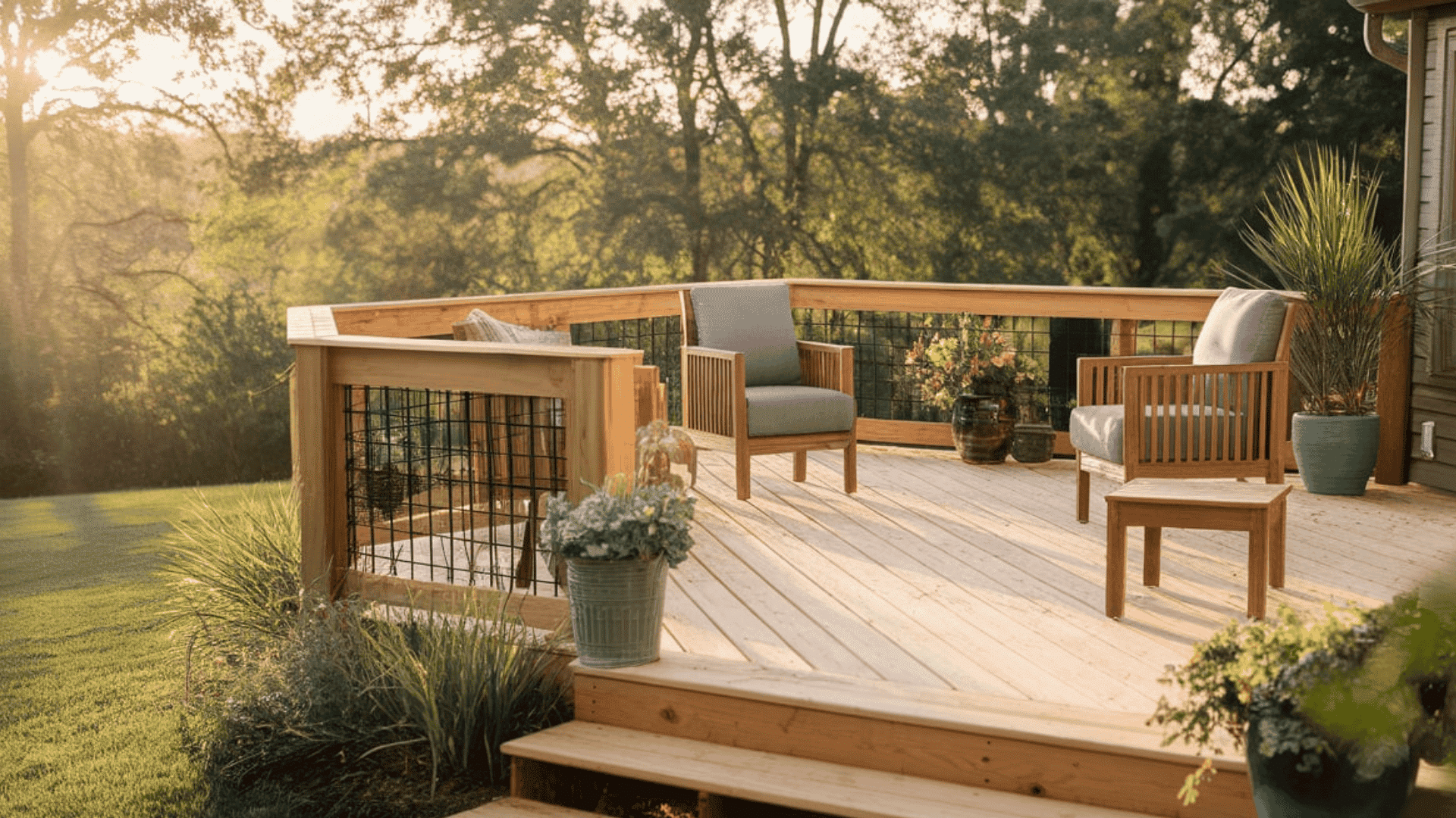 straight-line wooden deck with simple seating and parallel boards overlooking a landscaped backyard.