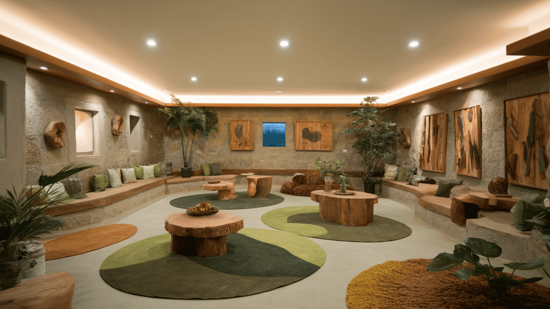 nature-inspired basement lounge with stone walls, plants, curved seating, and earthy rugs