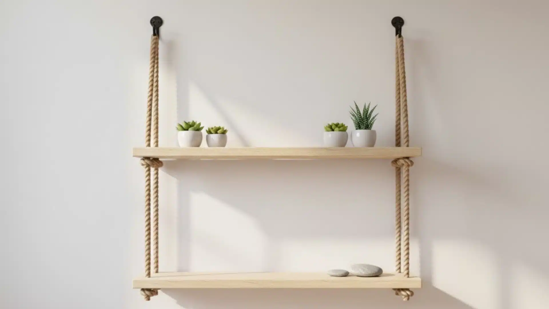 simple wooden wall shelf suspended with thick nautical rope