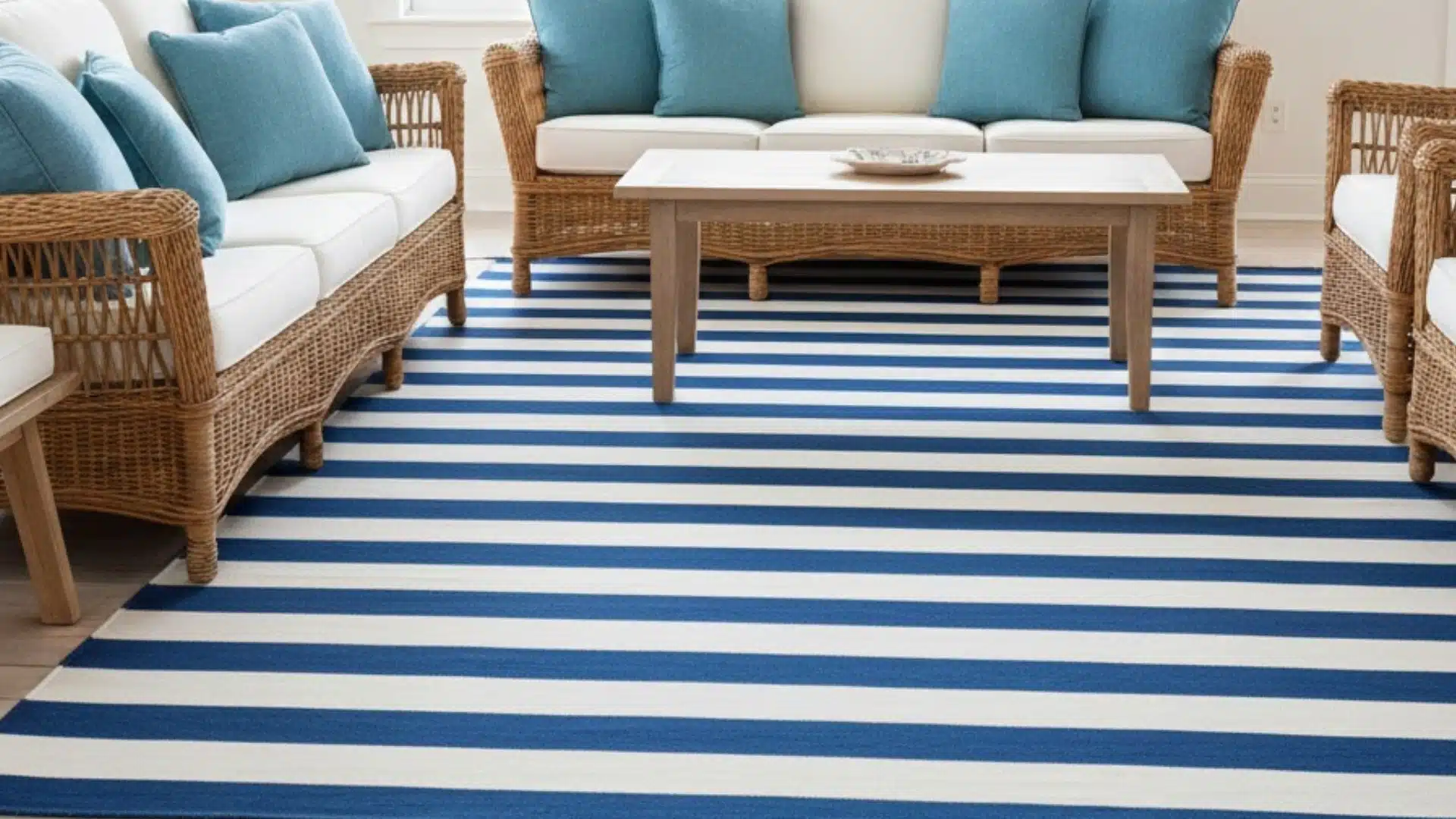 blue and white striped area rug beneath wicker seating and a wooden table