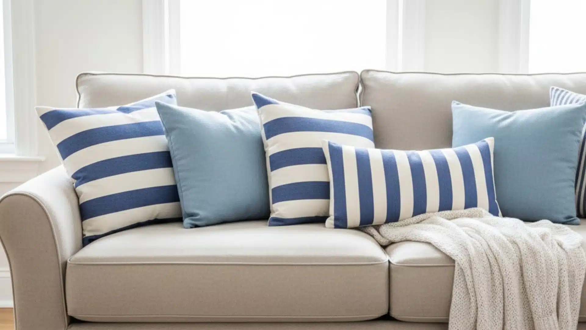 blue and white striped pillows arranged on a neutral sofa
