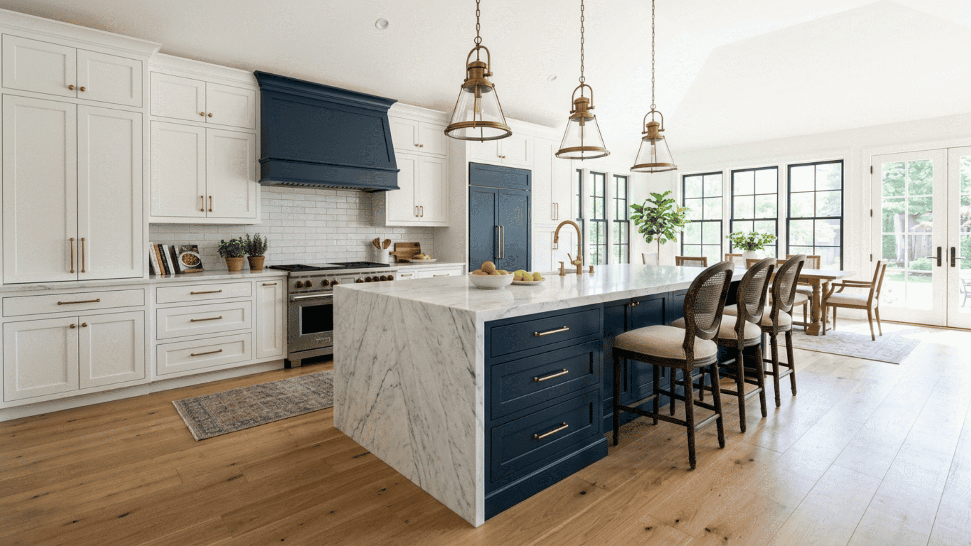 Navy island and white cabinets in a spacious marble-topped kitchen.
