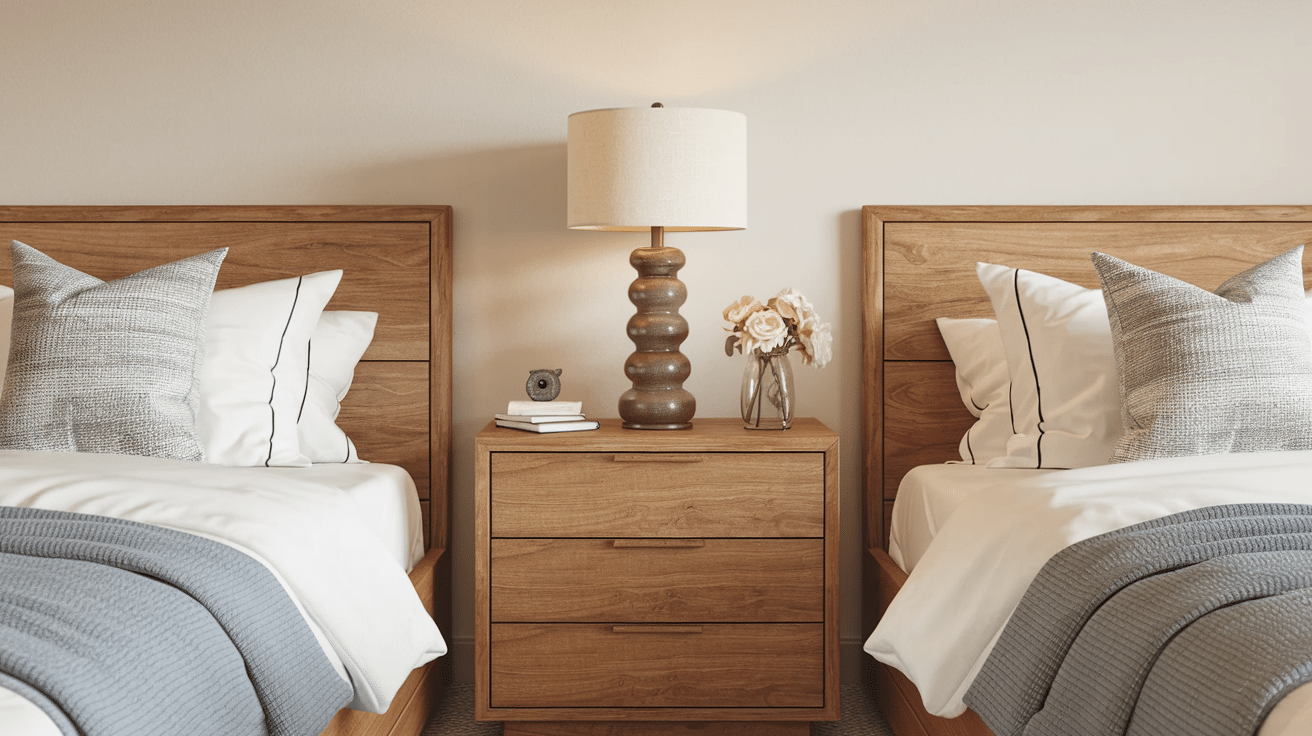 matching wooden nightstands placed between two neatly made beds