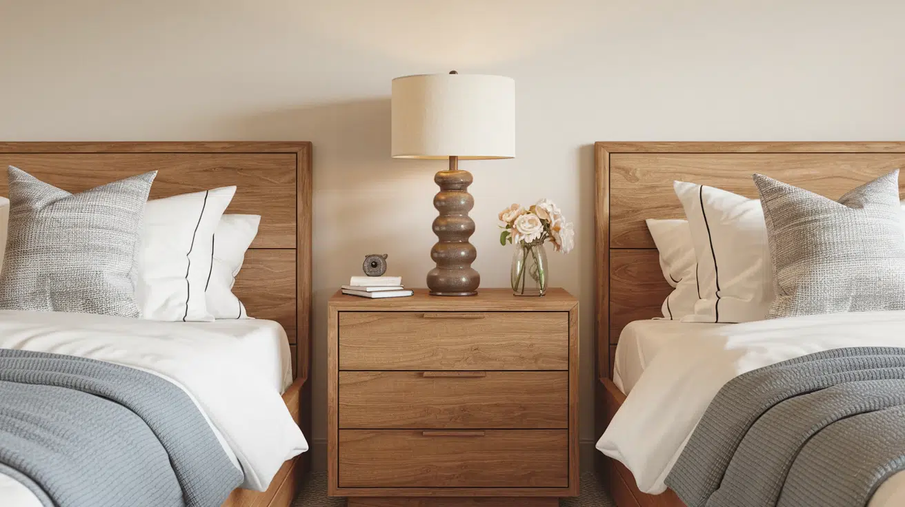 matching wooden nightstands placed between two neatly made beds