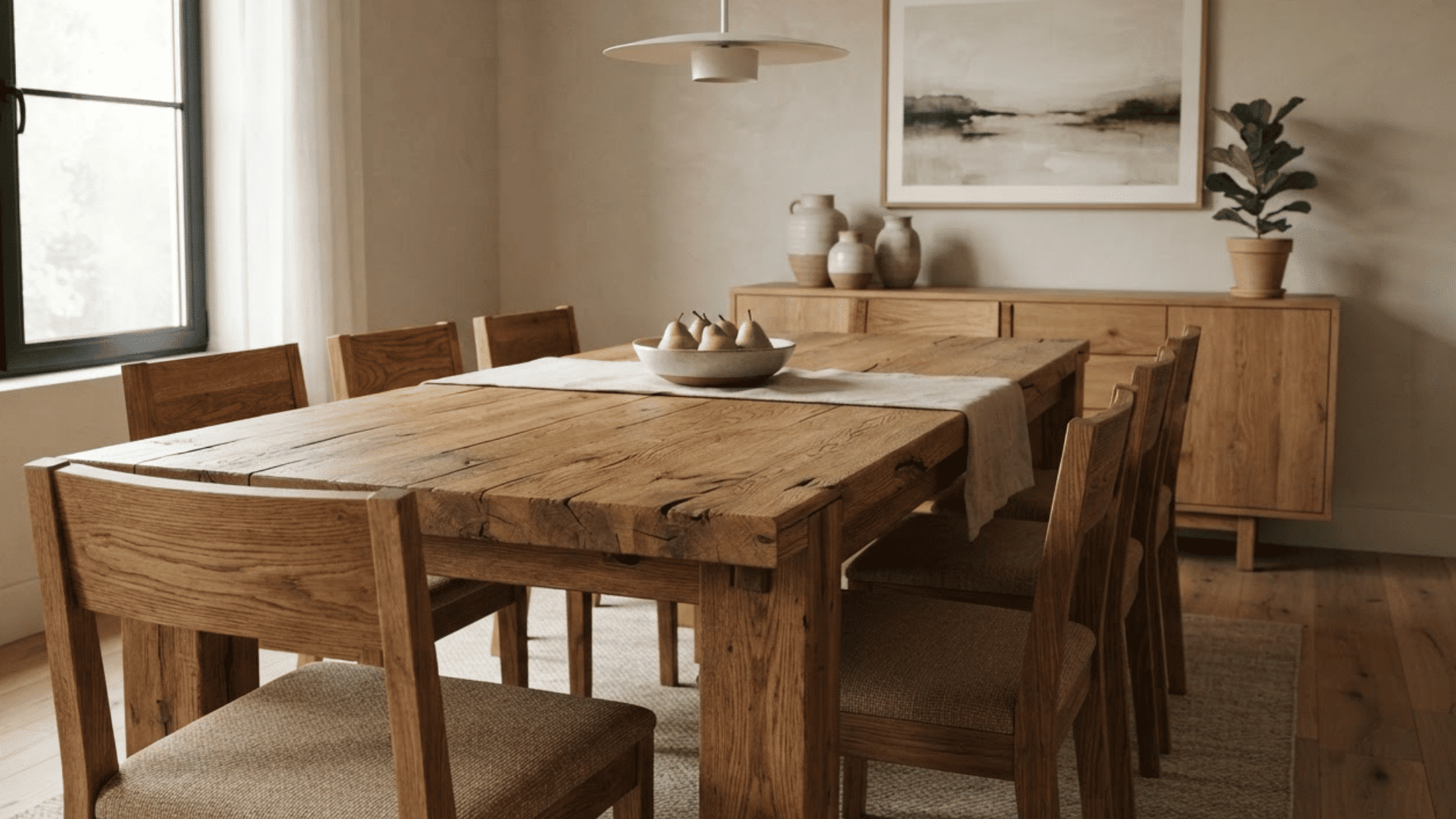 Oak dining table and chairs showing bold tan-brown grain in a bright, modern dining room