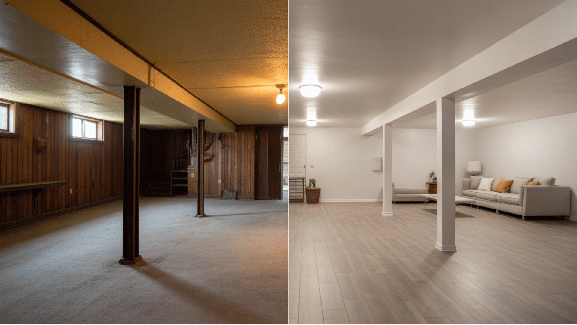 before-and-after basement showing an outdated dark room renovated in a modern style