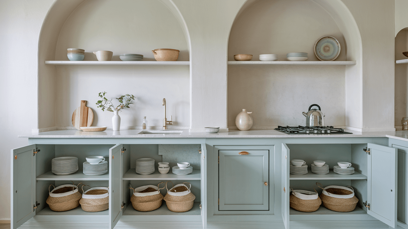 sage green kitchen with open base cabinets, arched shelving, baskets, and ceramic dishes