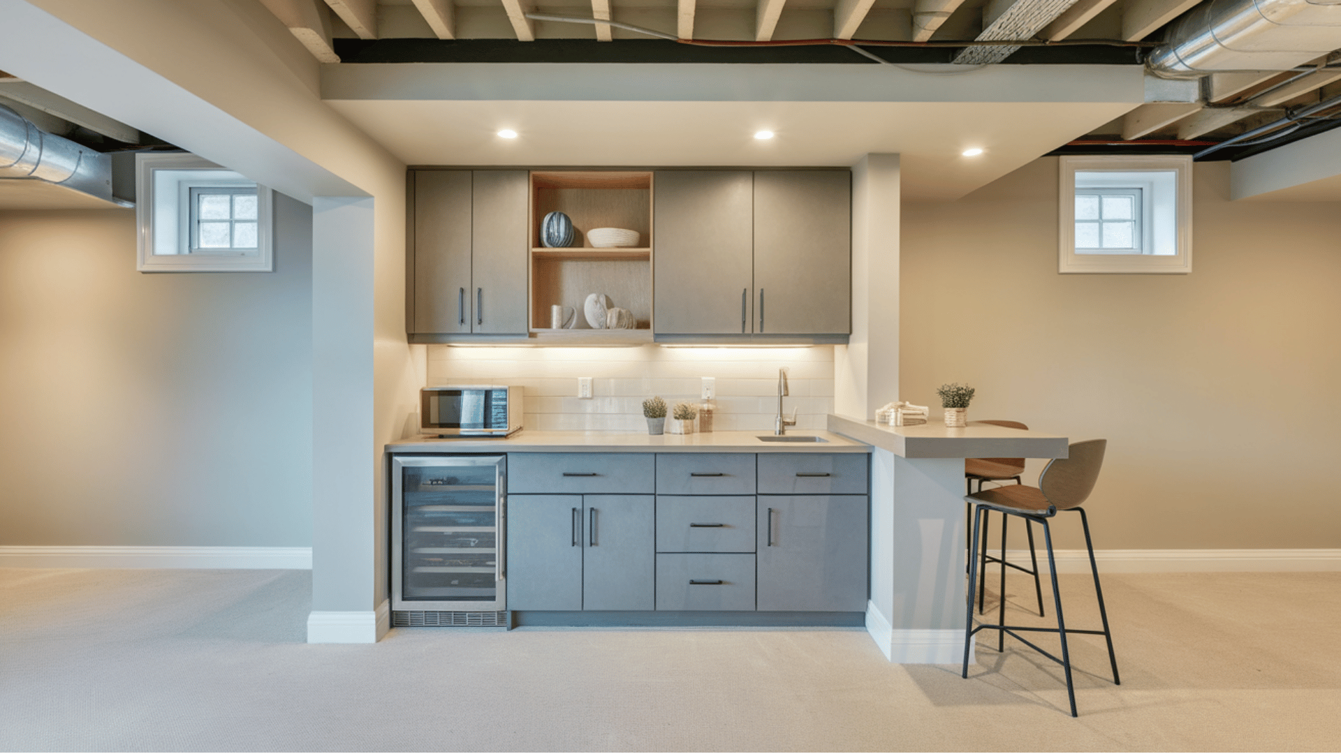open basement kitchenette with blue cabinets, white counters, shelves, and bar stools