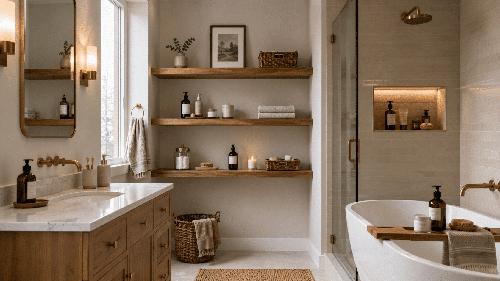 open wooden bathroom shelves displaying folded towels, bowls, baskets, and toiletries