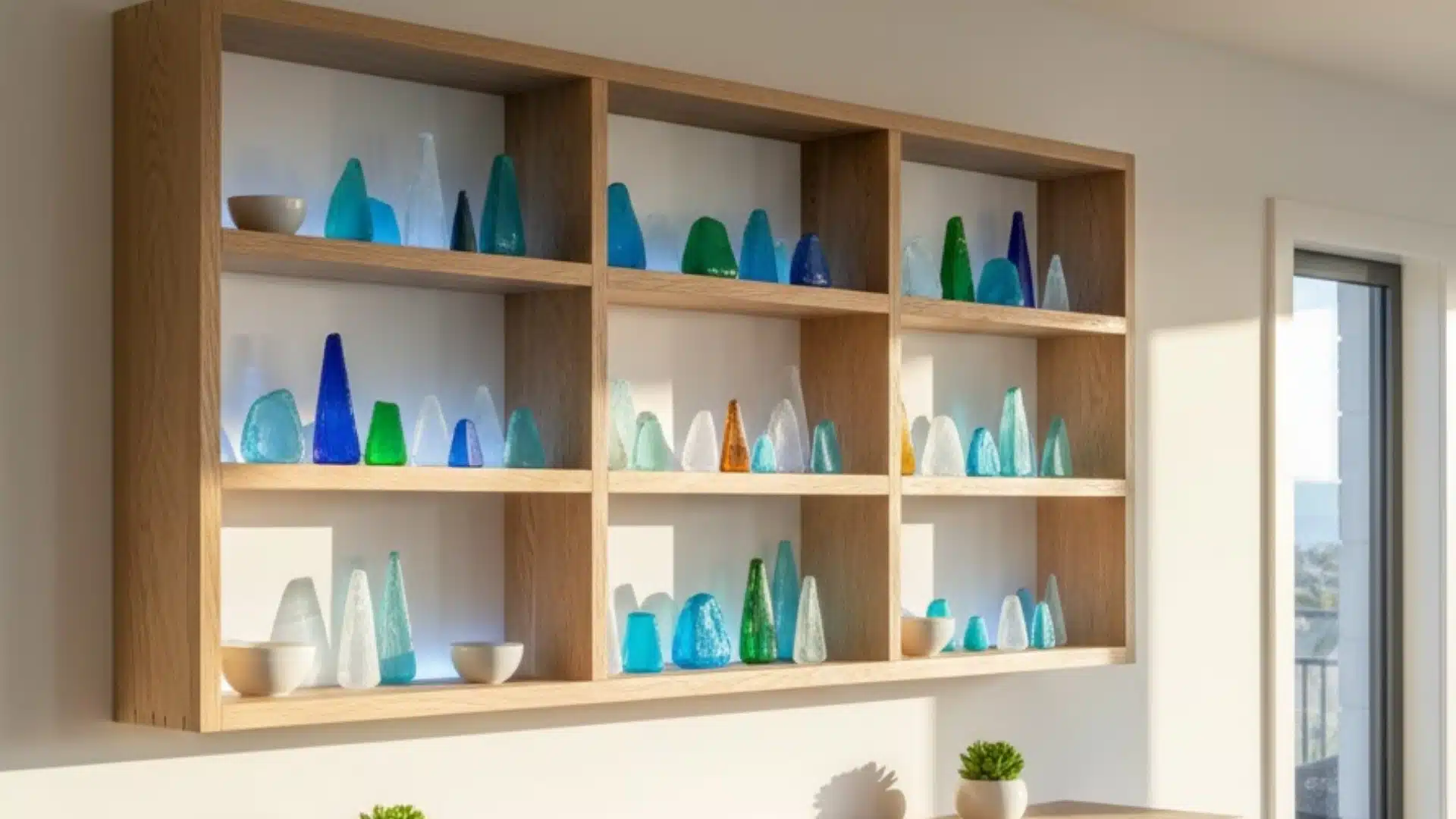 wooden open shelves displaying blue and green sea glass bottles