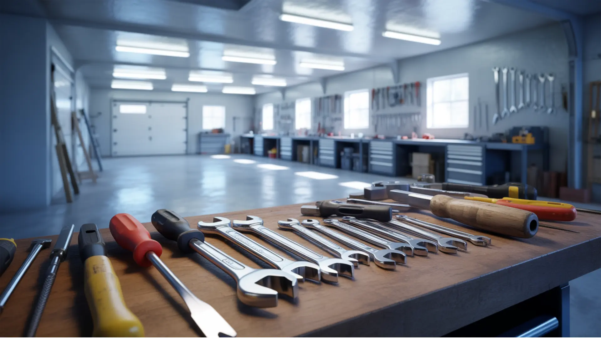Organized workshop with tools on bench under bright cool white overhead lighting for clear visibility