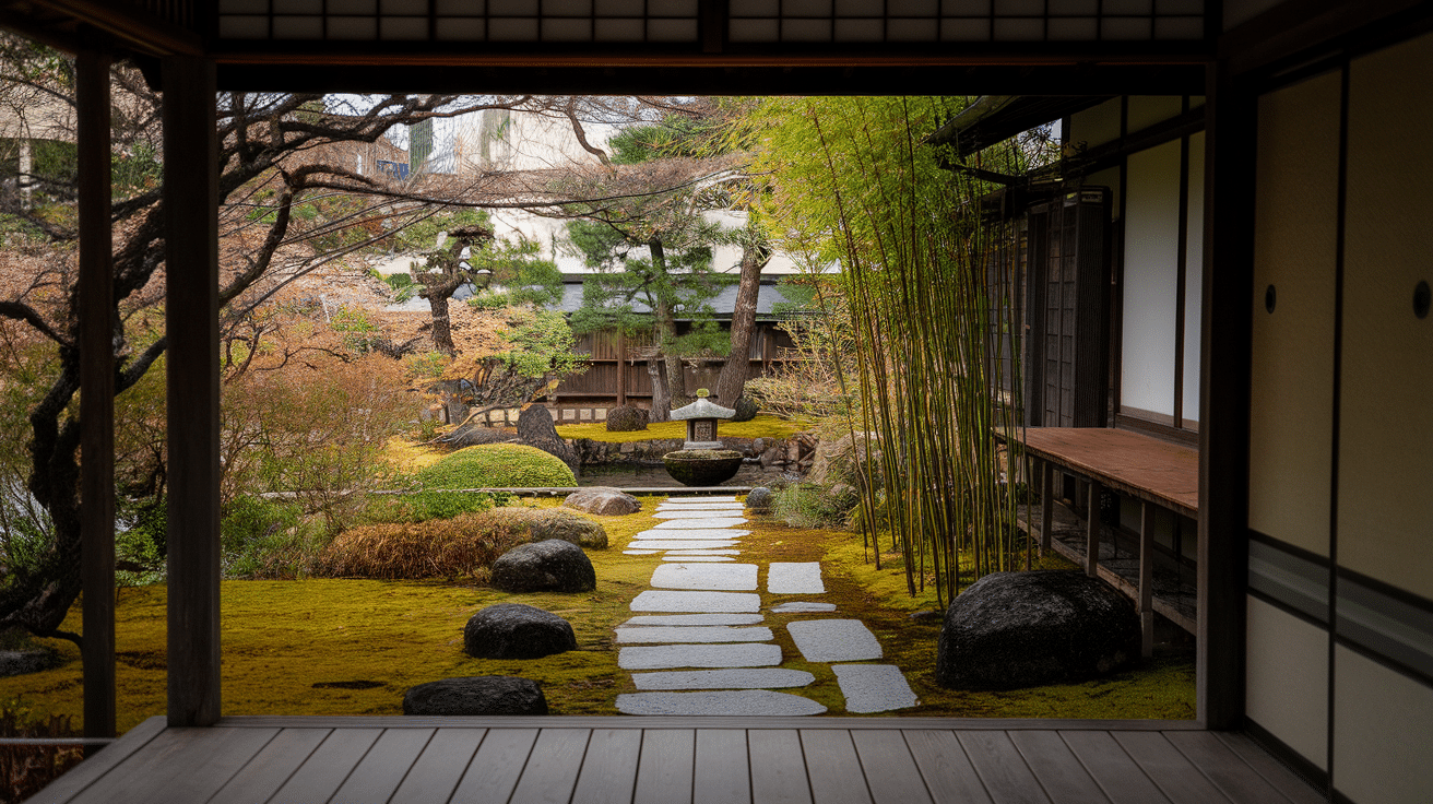 Japanese garden with stone path, bamboo, moss, and an engawa connecting the home to nature.