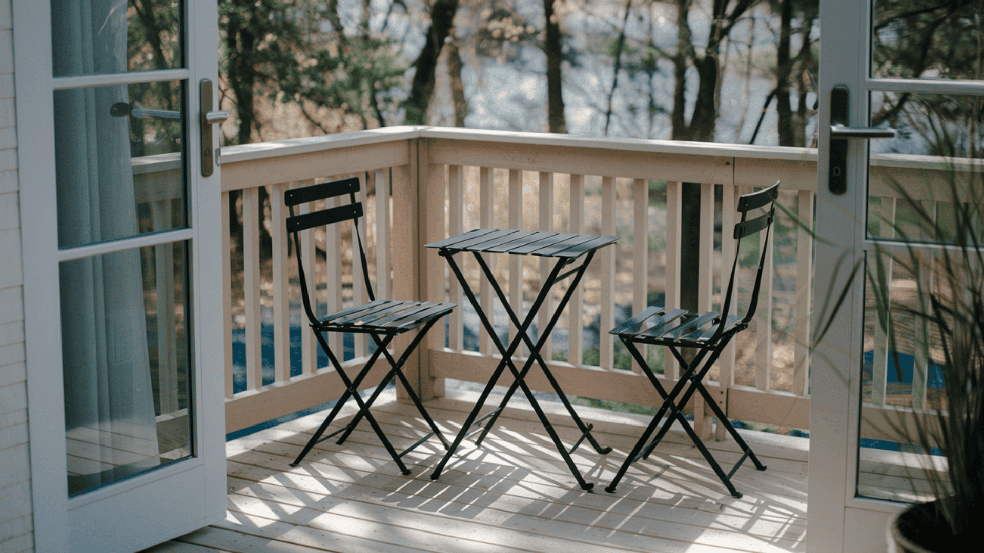 compact folding bistro table and chairs on a small wooden deck maximize outdoor seating space.