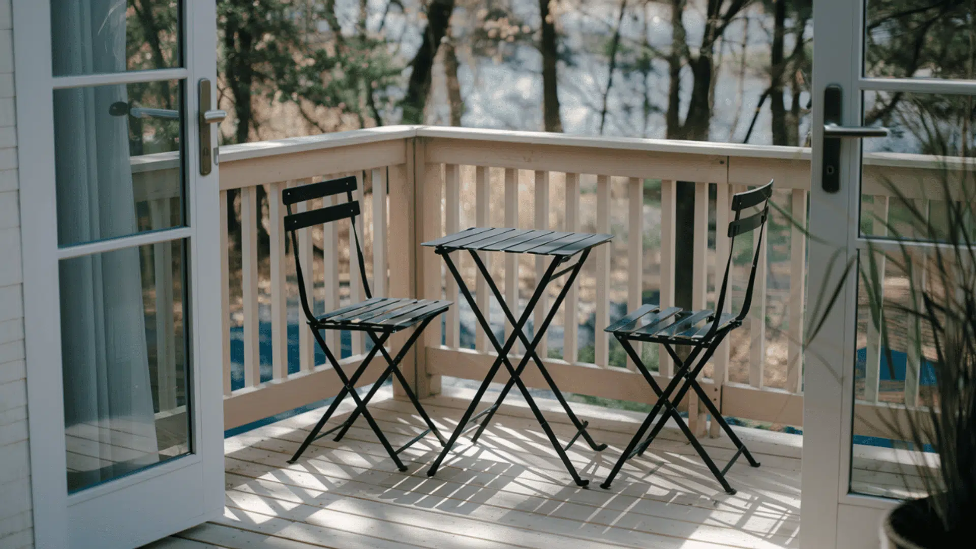 compact folding bistro table and chairs on a small wooden deck maximize outdoor seating space.