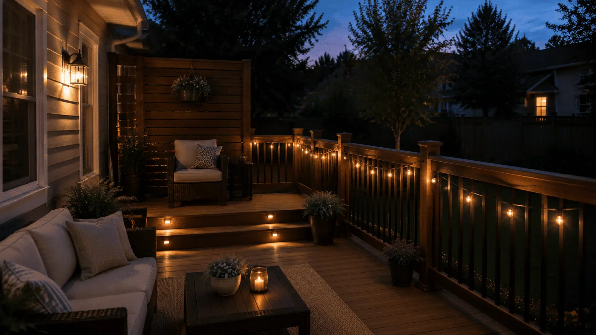 Small deck with warm string lights and step lighting for evening outdoor use
