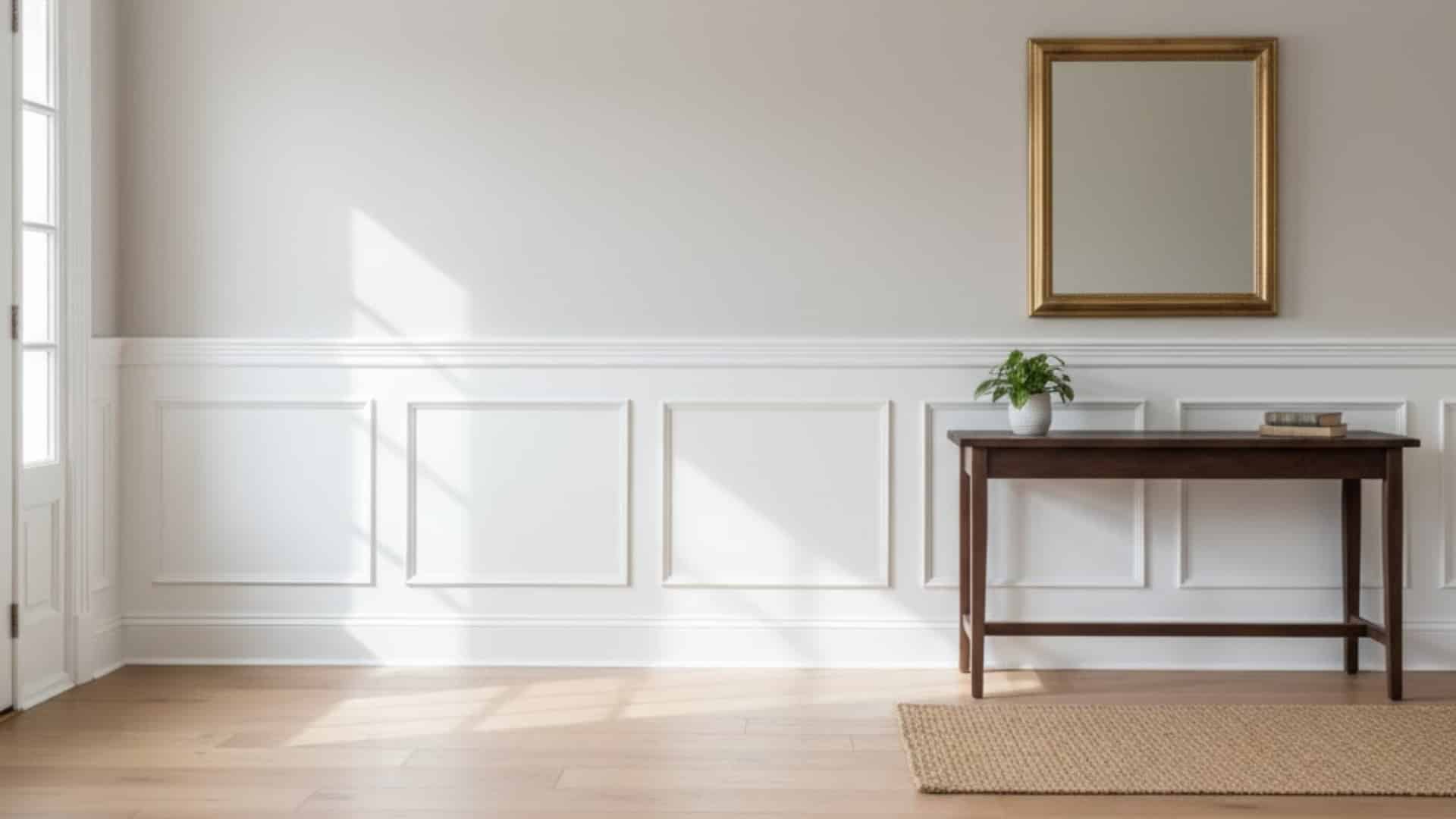 bright entryway with a painted white chair rail paired with paneled wainscoting