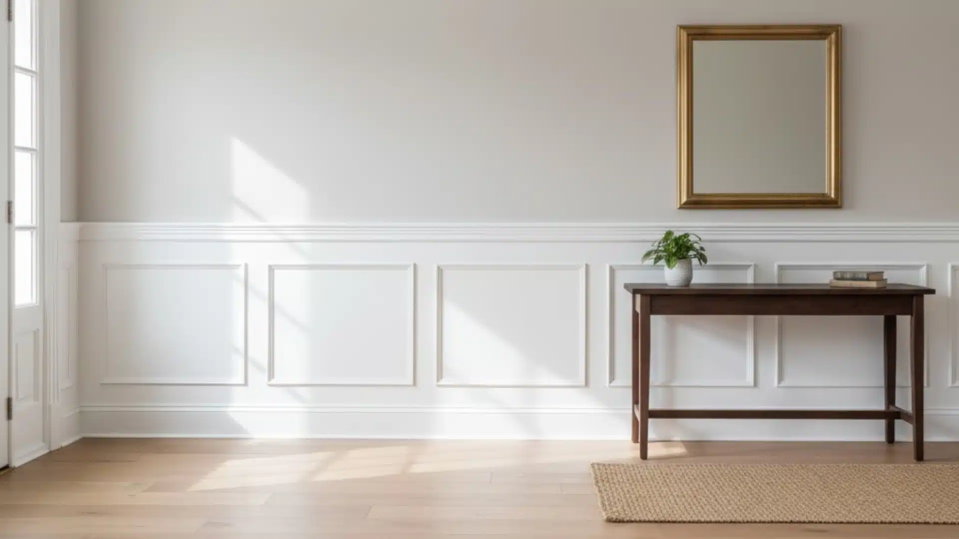 bright entryway with a painted white chair rail paired with paneled wainscoting