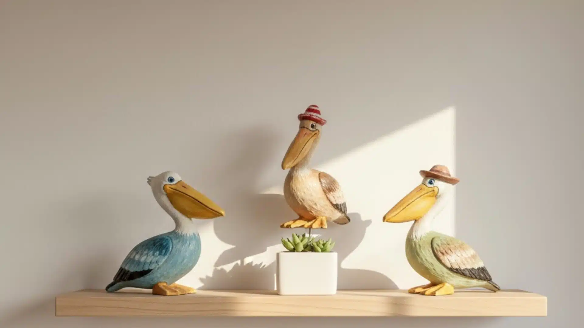painted pelican figurines arranged on a light wooden shelf