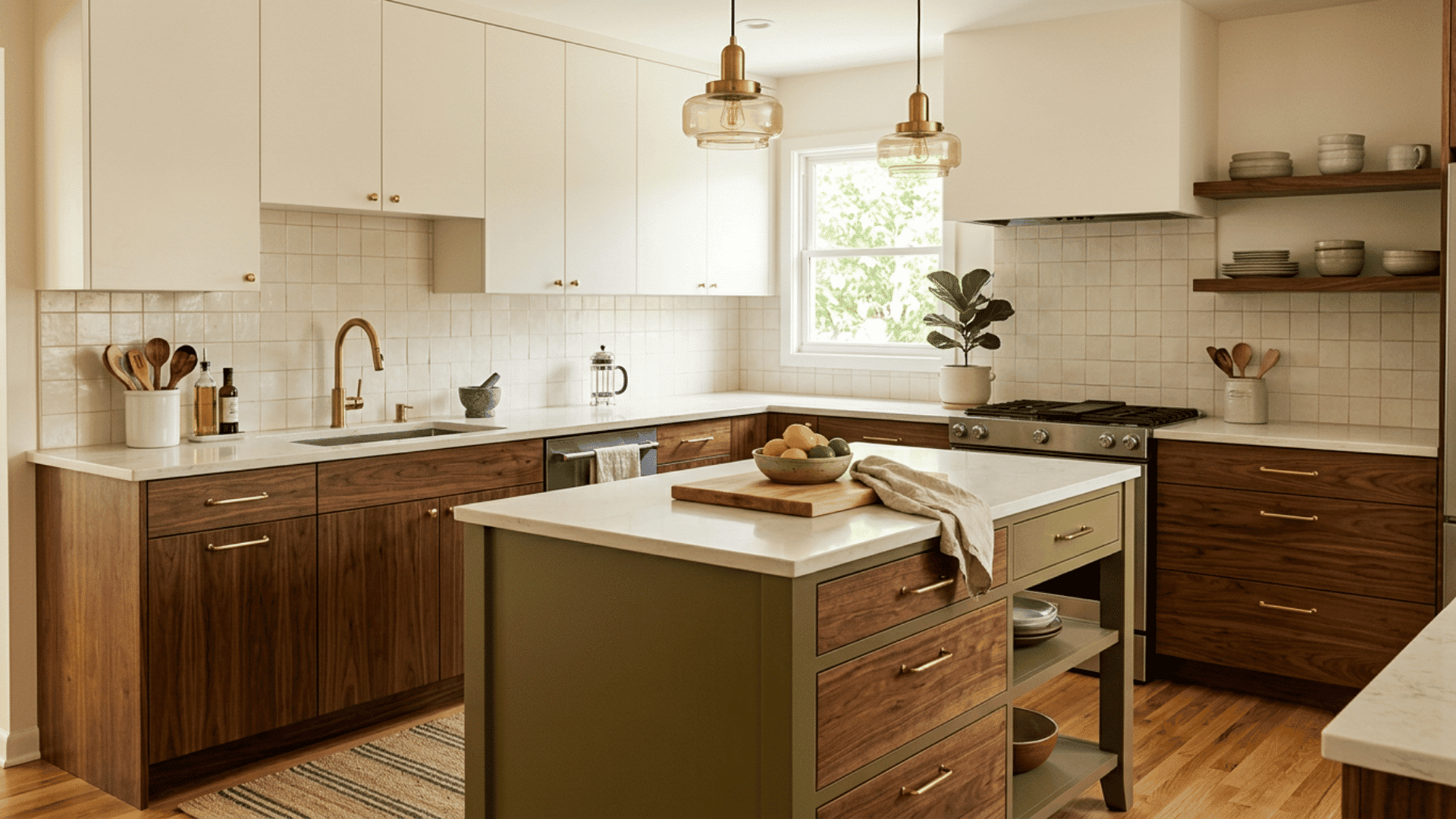 Walnut cabinets paired with white surfaces and an olive island