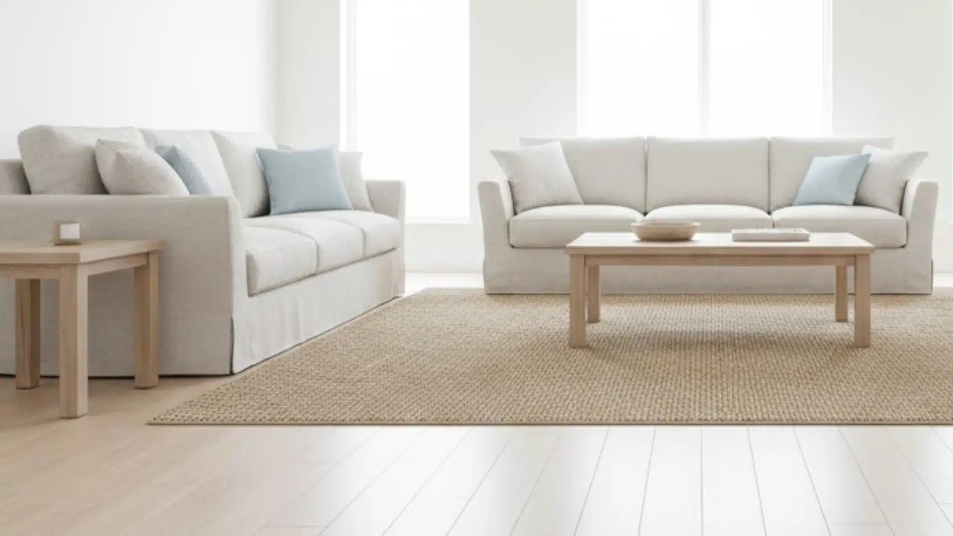 bright living room with pale washed hardwood floors and neutral furniture
