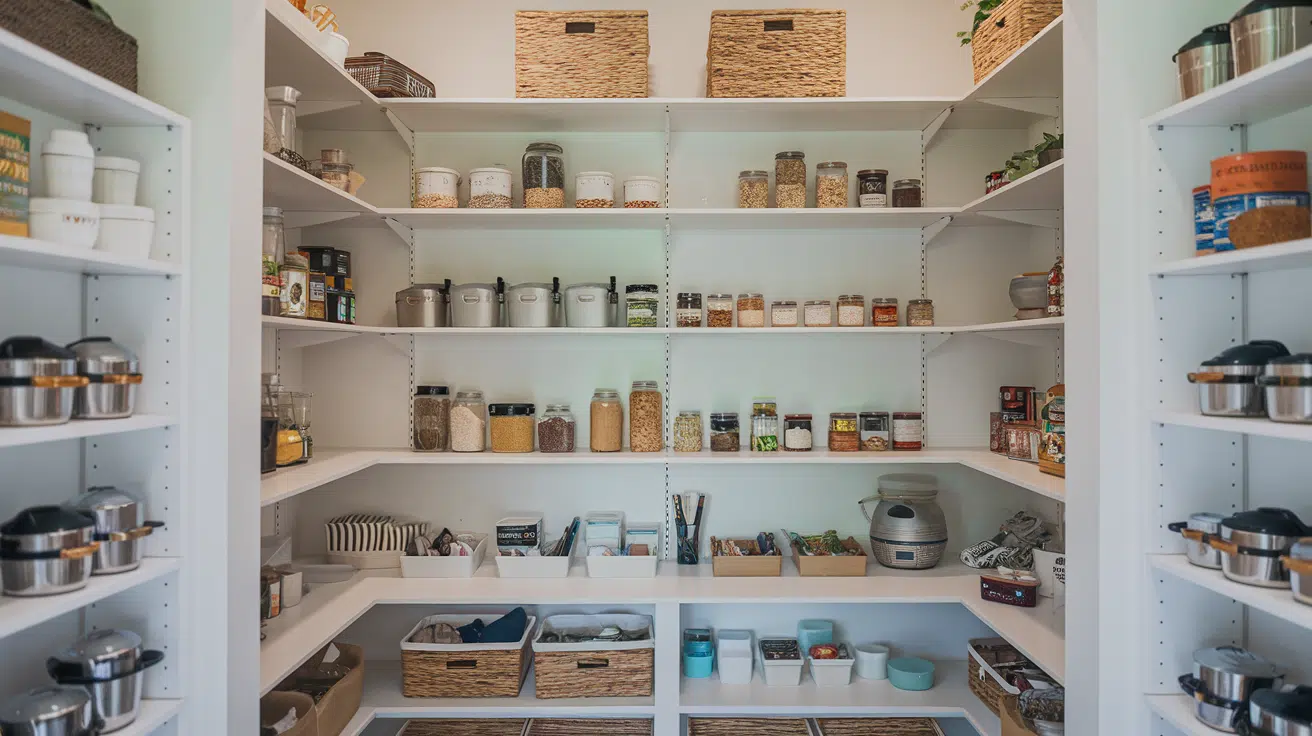 walk-in pantry with open shelves, storage baskets, jars, and small appliances