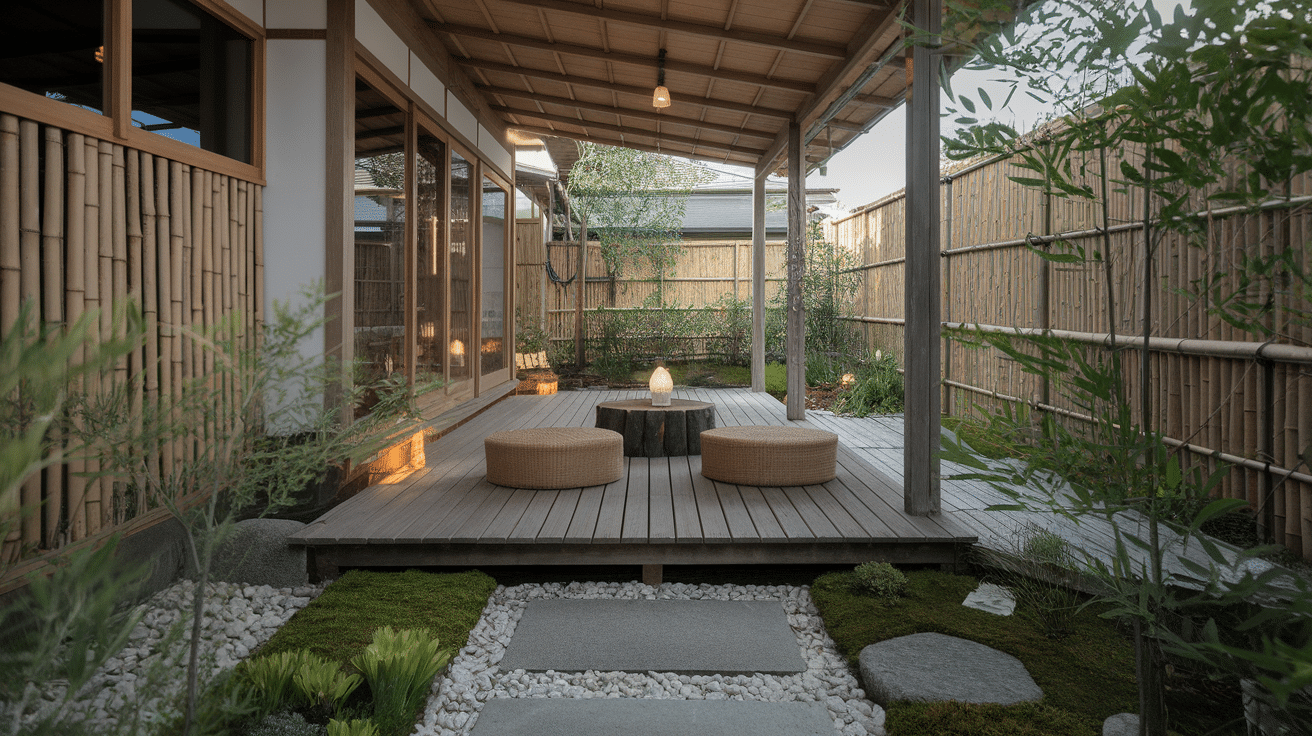 Japanese-style patio with a wooden deck, bamboo fencing, and simple outdoor seating.