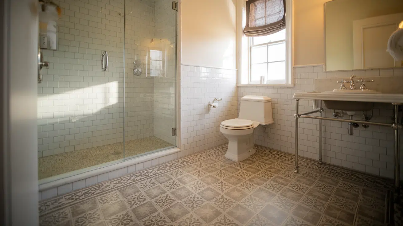 bathroom with patterned grey floor tiles, a glass shower, vanity, and bright window