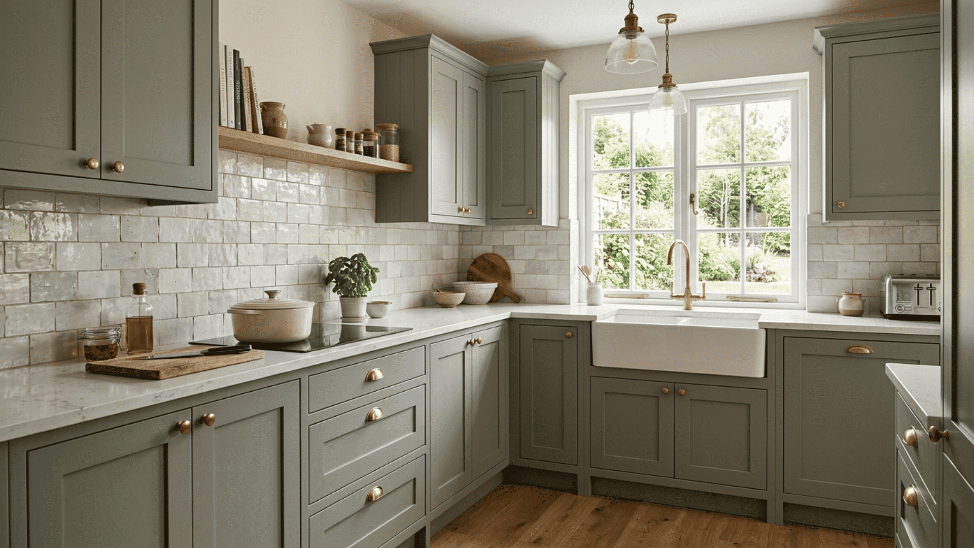 Sage green cabinets with a textured white tile backsplash