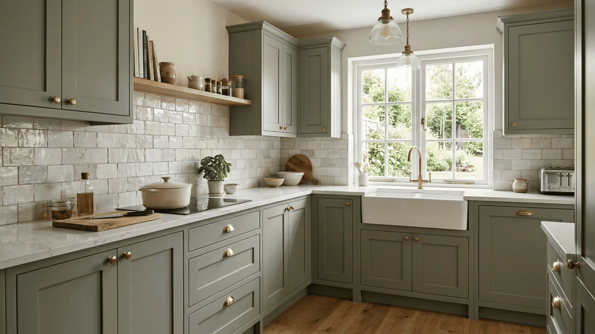 Sage green cabinets with a textured white tile backsplash
