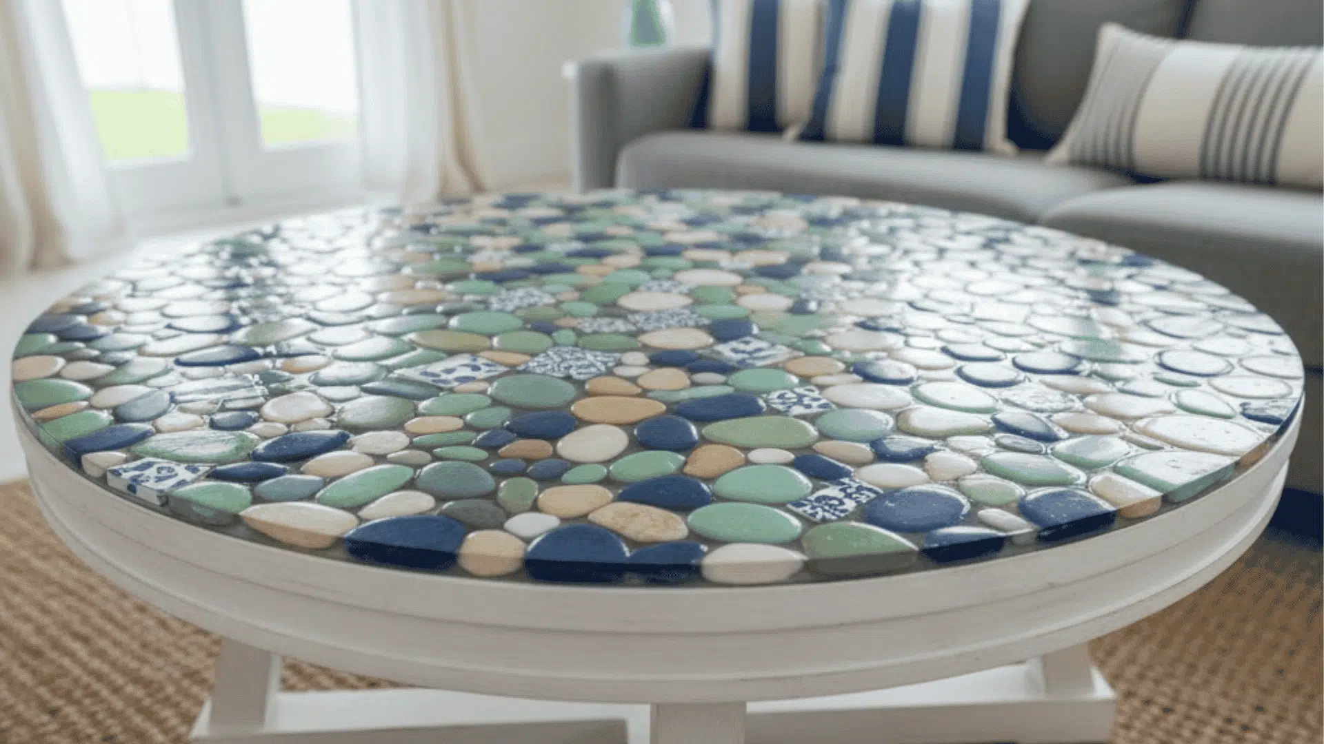 round tabletop covered with smooth blue, green, and grey pebble mosaic tiles