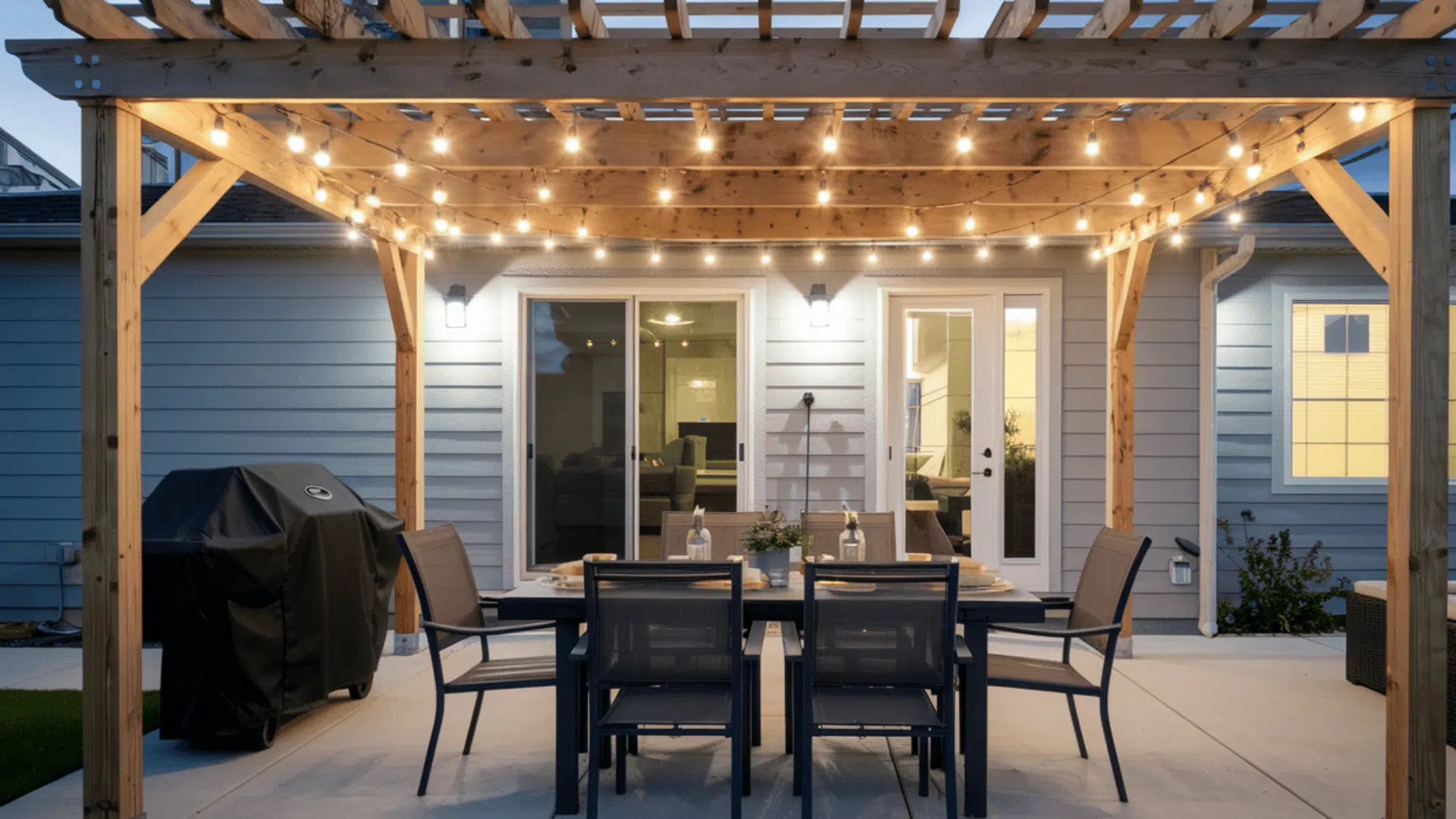 wood pergola with string lights creates a cozy outdoor dining space for evening entertaining.