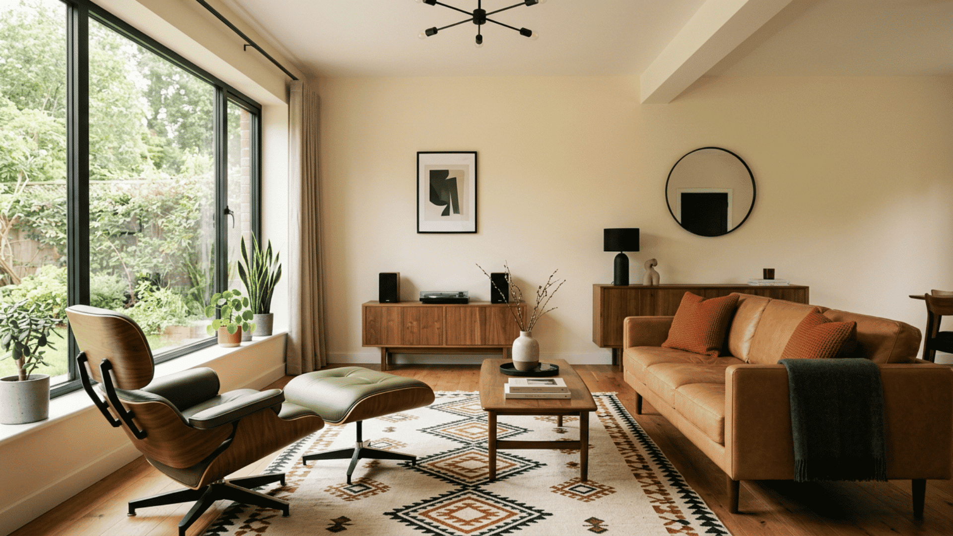 cream living room with walnut furniture and olive green accents