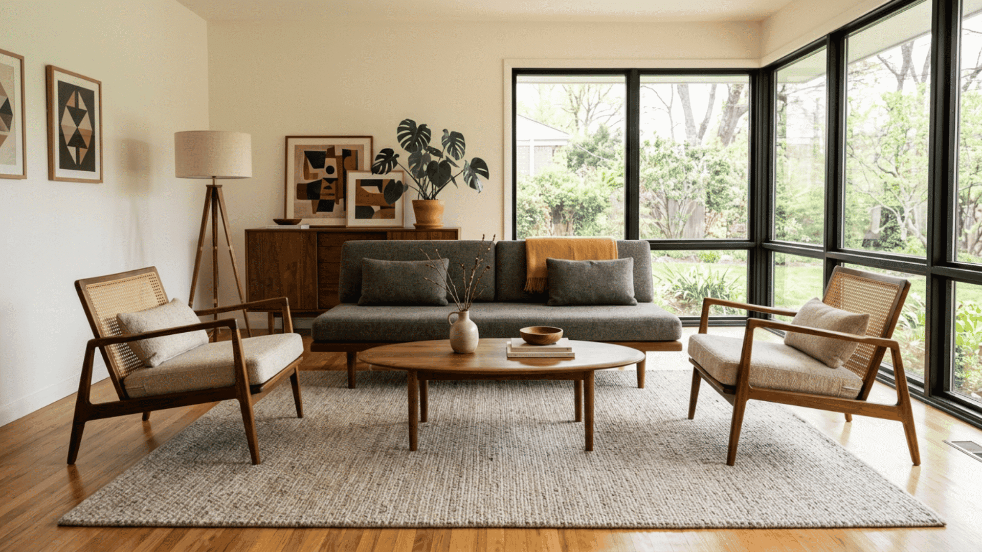 Sofa and wooden chairs arranged around an oval coffee table