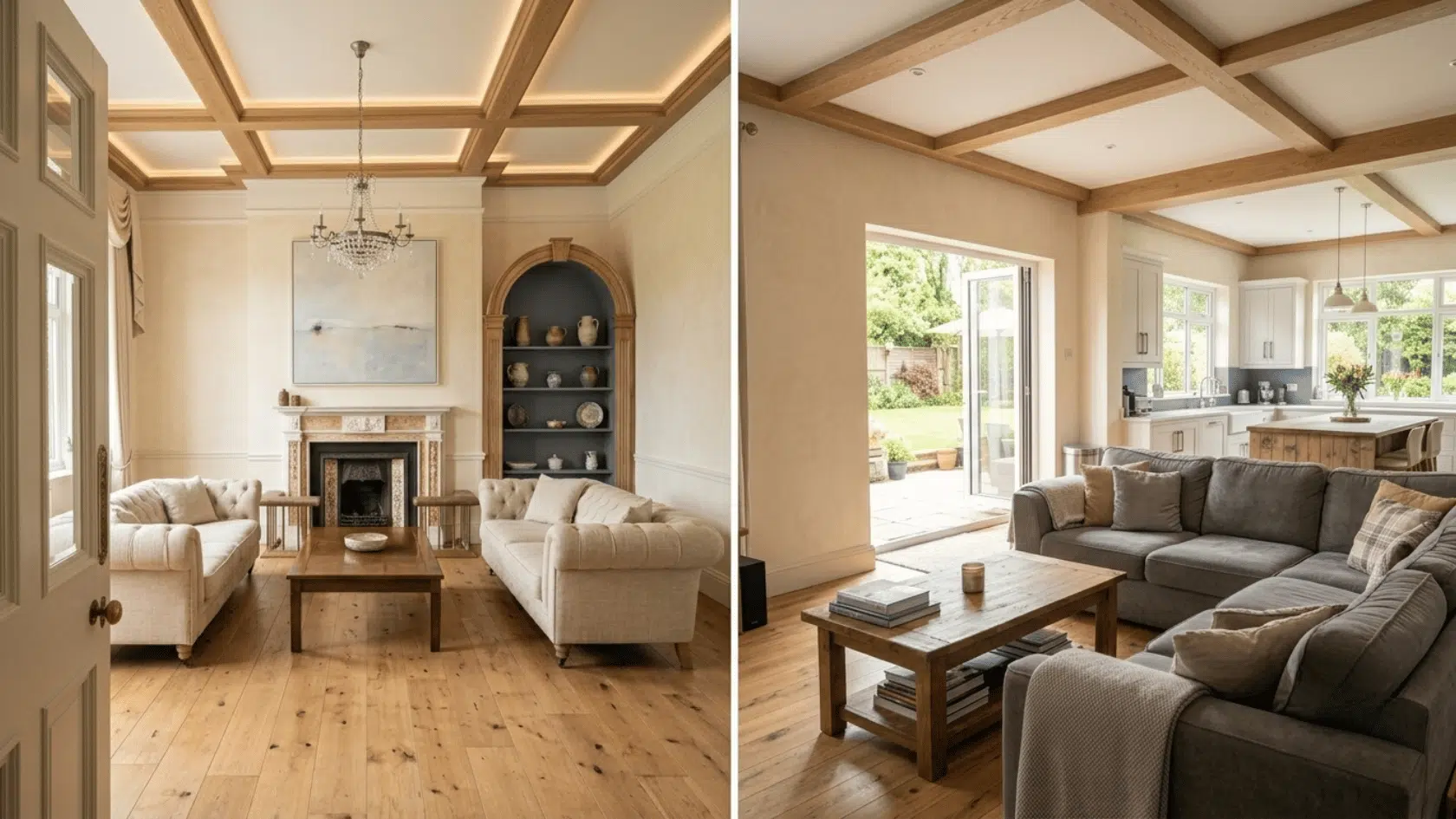 comparison of a formal living room near the front entrance and a cozy family room beside the kitchen with backyard access showing different layouts furniture styles and everyday household activities