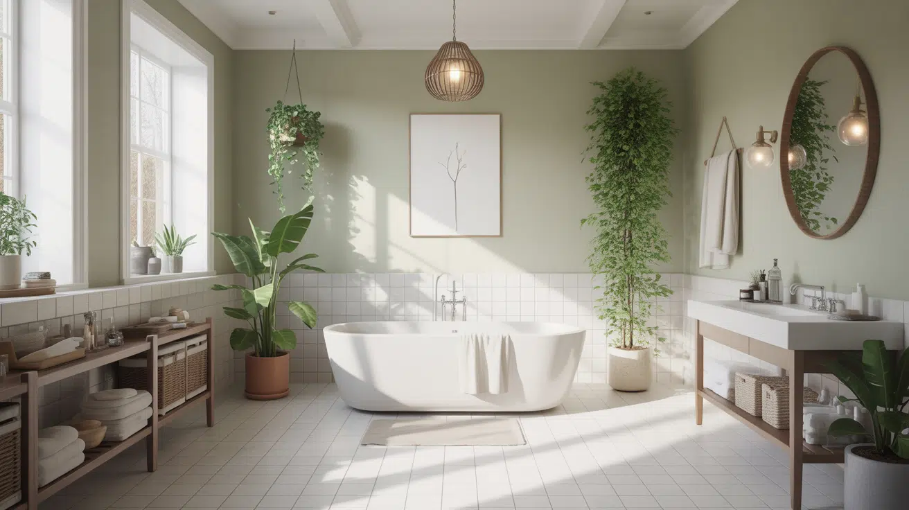 spa-style bathroom with a freestanding tub, wooden furniture, and several green plants