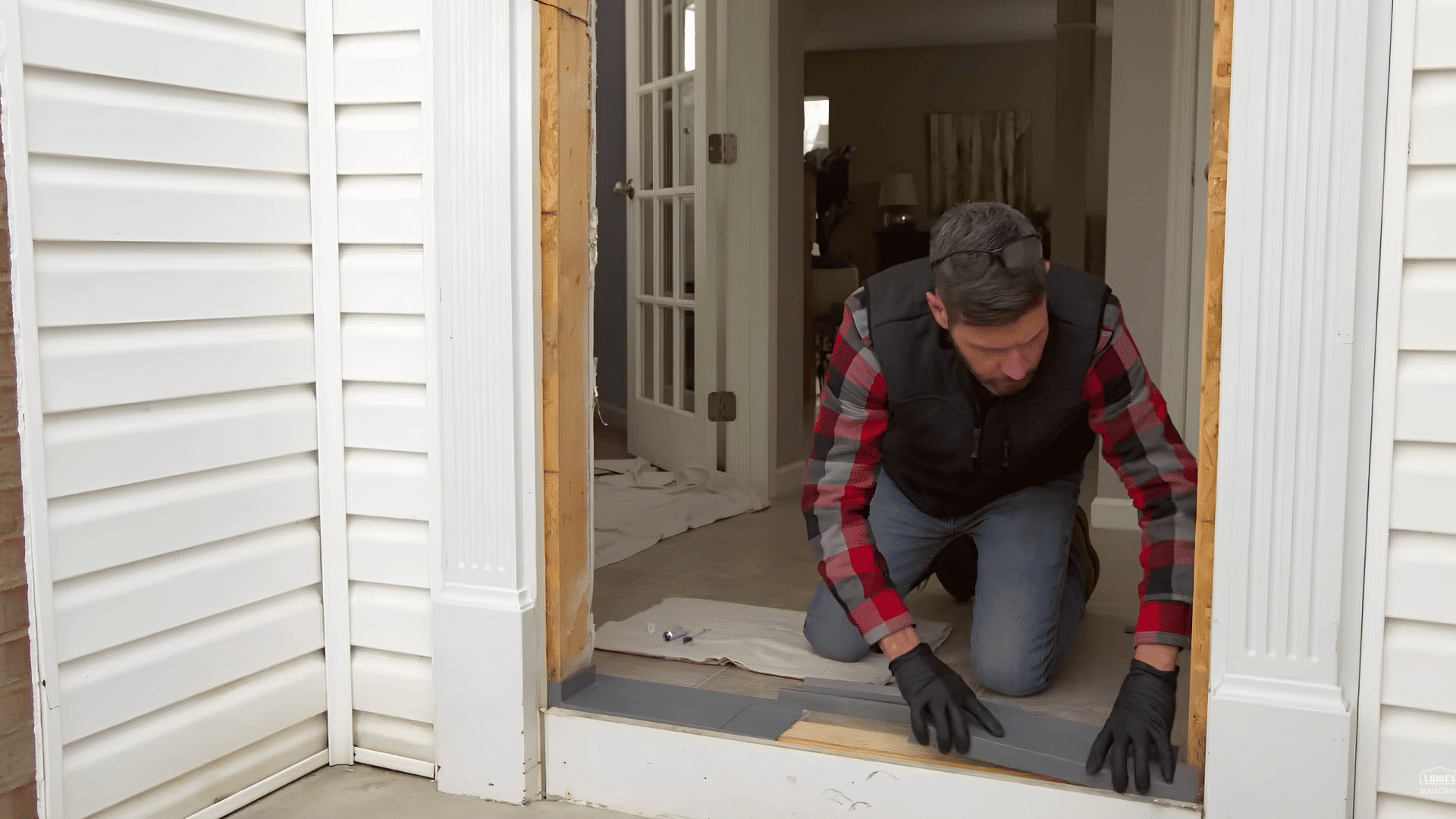 Worker preparing and inspecting the sill area of an exposed doorway opening.