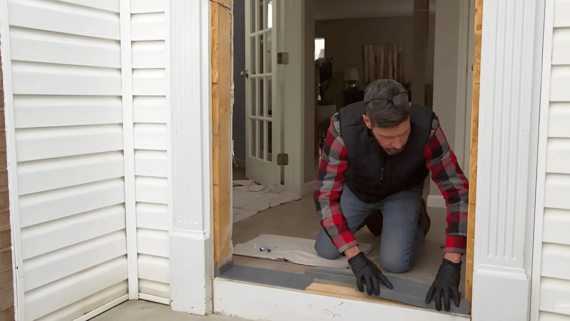 Worker preparing and inspecting the sill area of an exposed doorway opening.