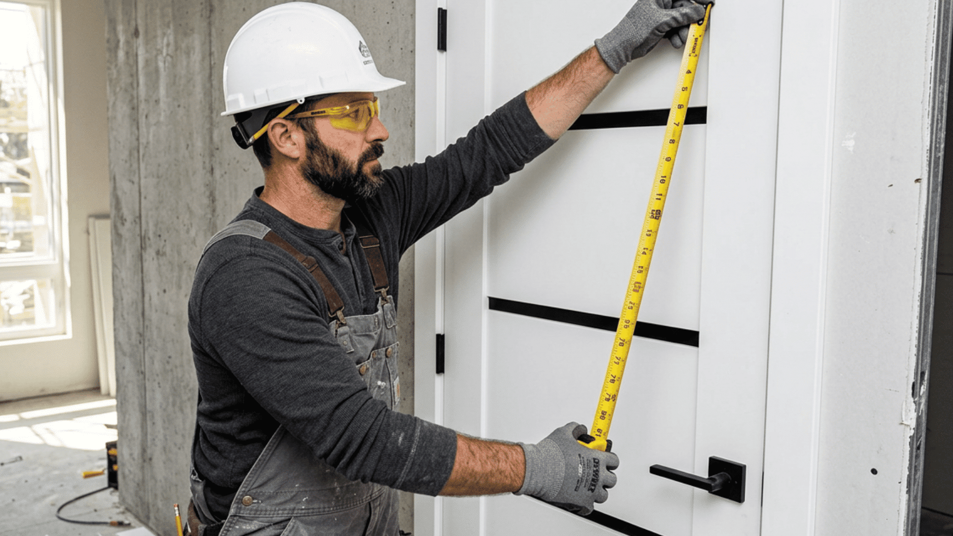 Worker measuring the height of a modern white door with a yellow tape measure.