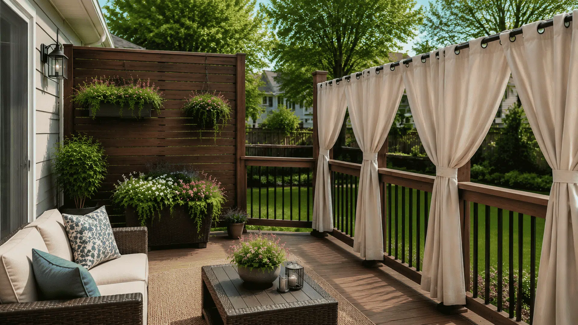 Small deck with a privacy screen panel and open design for backyard comfort.